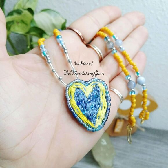 Hand Embroidered Beaded Heart Pendant Necklace, Yellow & Blue, OOAK Artisan - Picture 1 of 5
